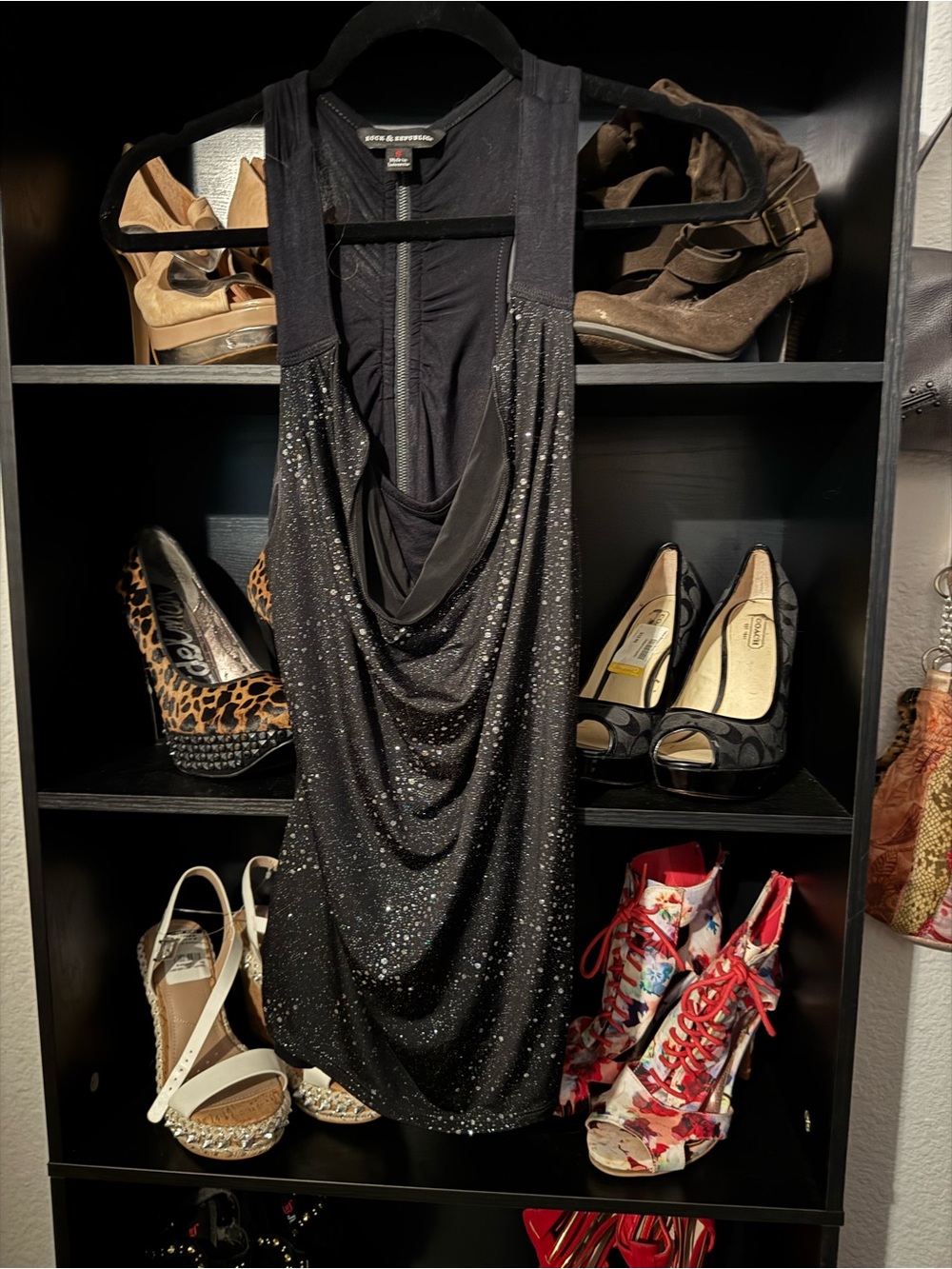 Rock & Republic Black Sequin Draped Tank Top
